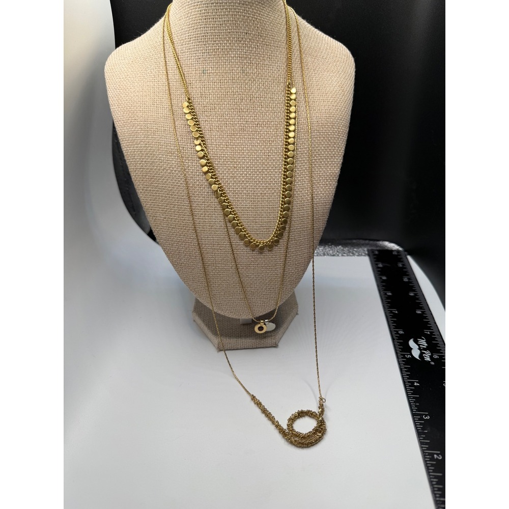 Gold Tone Multi Strand Layered Necklace Disc Circle Charm Textured Boho